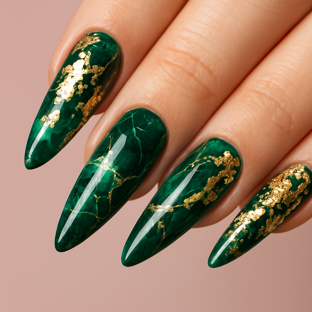 Gold leaf and emerald marble nail art