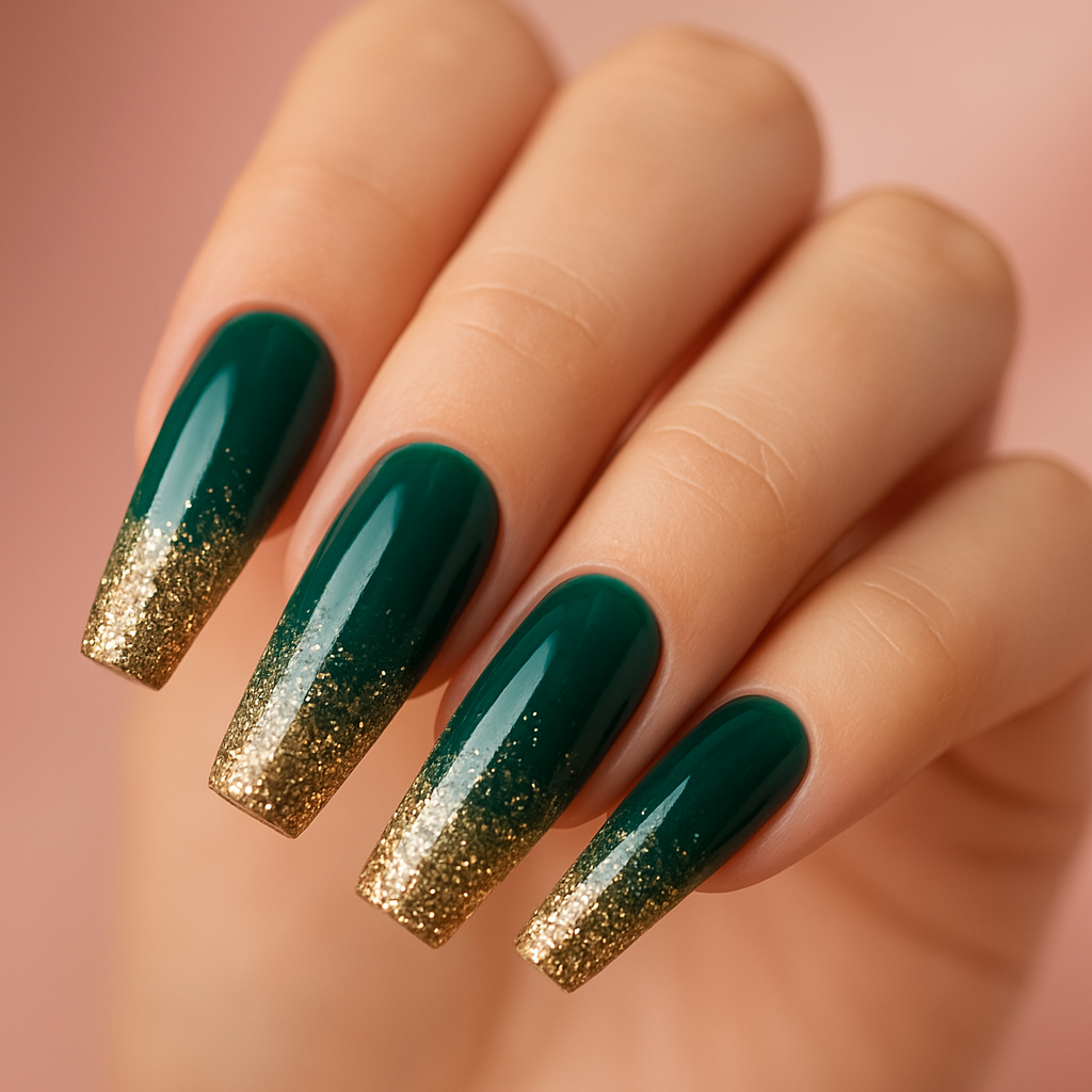 Acrylic coffin extensions with emerald glitter ombre